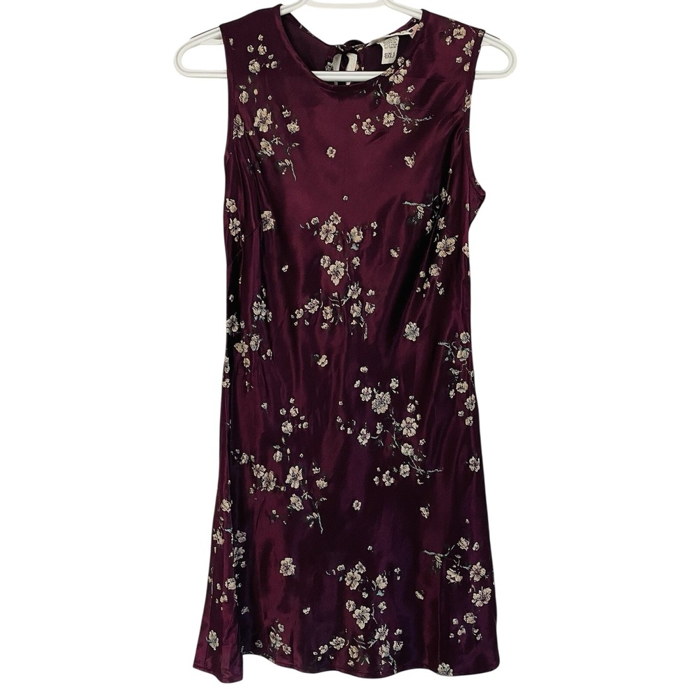 Vtg Y2K 90's Jody of California 5.7.9 Purple Floral Mini Dress Keyhole Tie Satin